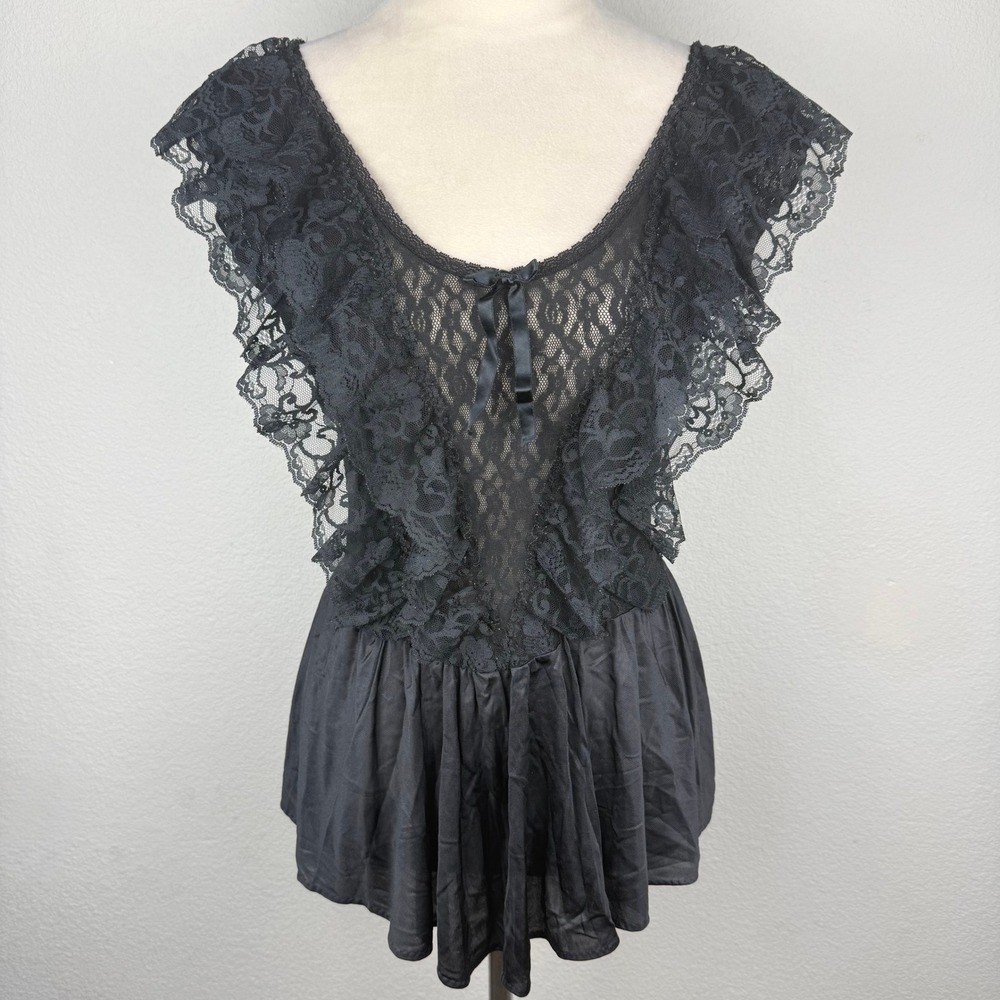 VTG 80's Cliche Women Black Sheer Lace Ruffle Peplum Babydoll Top LG Made in USA